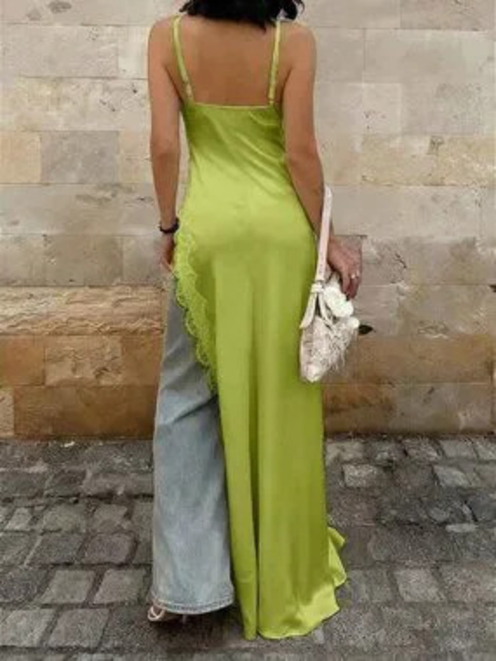 ZARA Green Elegant Women's Satin Lace Asymmetric Spaghetti Strap Dress